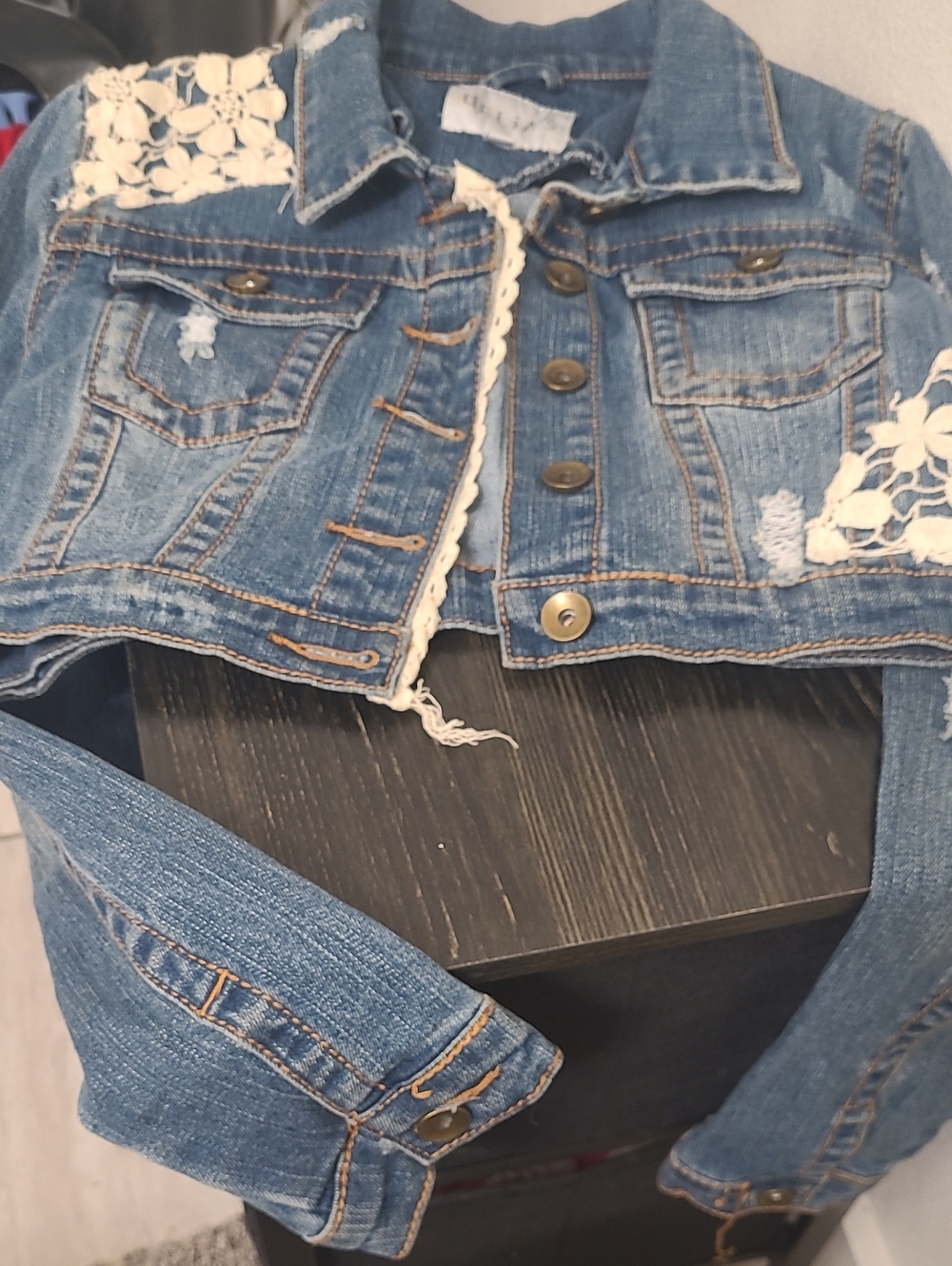 dELiA*s Blue Denim Cropped Jacket with White Lace Trim